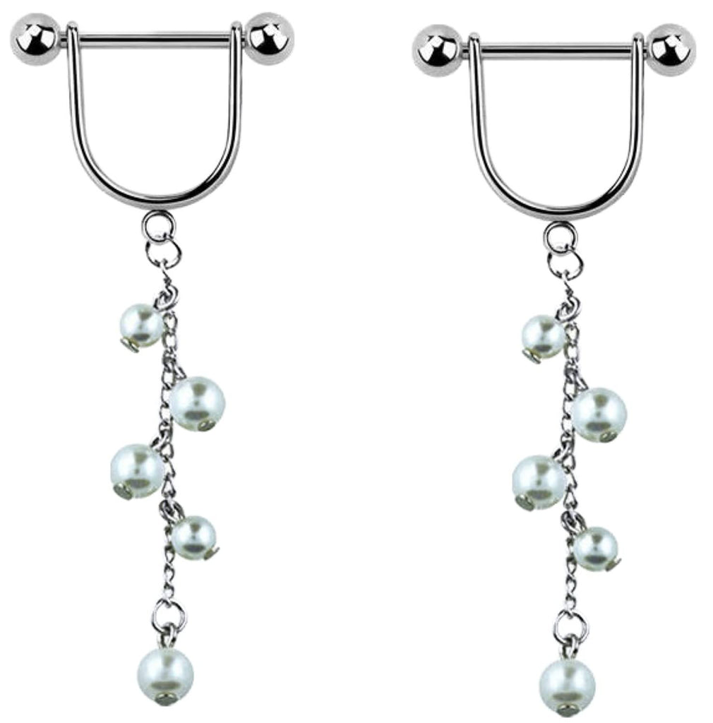 Body Accentz 316L surgical steel stirrup nipple ring with a 14g/1.6mm barbell with 5mm balls and a chain of faux pearls dangling part