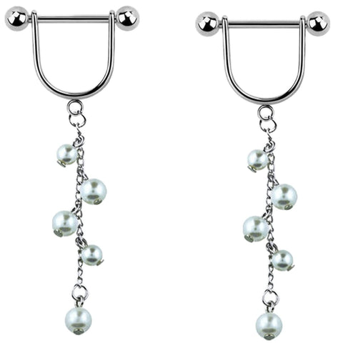 Body Accentz 316L surgical steel stirrup nipple ring with a 14g/1.6mm barbell with 5mm balls and a chain of faux pearls dangling part