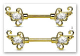 Body Accentz Nipple Ring CZ Set Floral Filigree Ends 316L Surgical Steel Barbells Bar pair