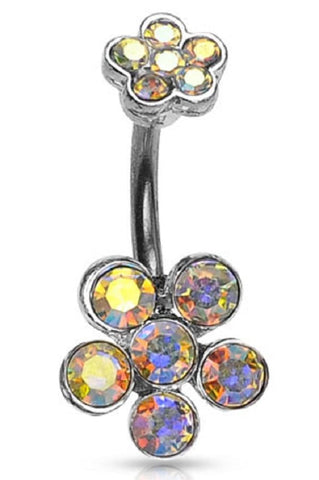 Body Accentz Belly Button Ring Navel Ring w/Double 6-Gem Flower 14 Gauge