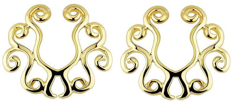 Nipple Rings Non Pierce Piercing Clip On Gold Plate Tribal Floral Pair