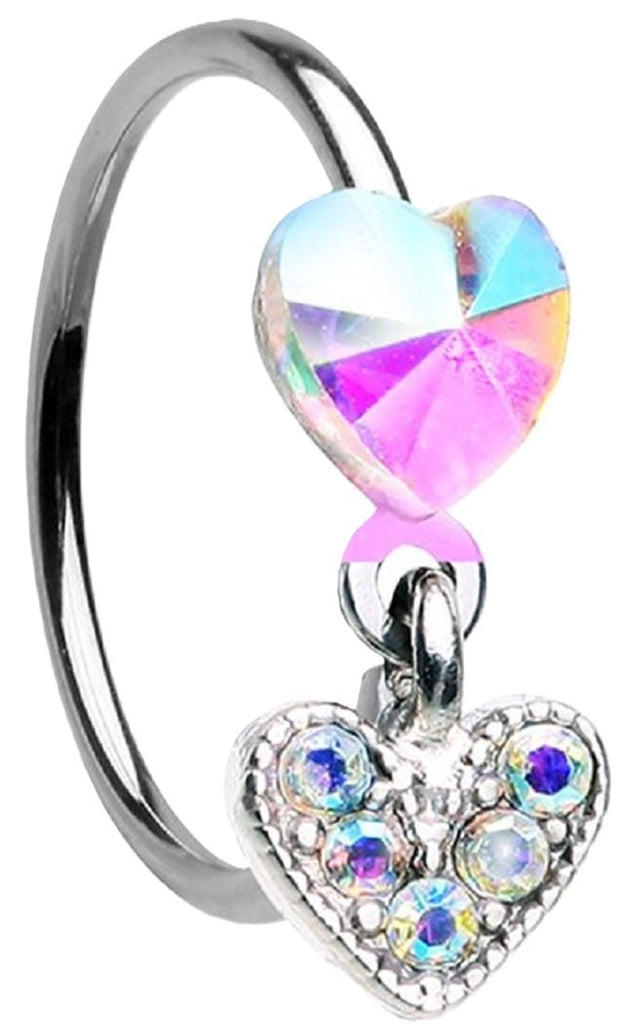 Double Heart Drop Dangle Gem Bendable Nose Hoop Ring