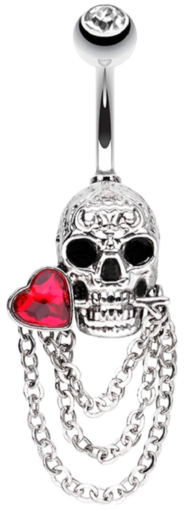 Body Accentz Belly Button Ring Navel Till Death Skull Heart Chain Dangling