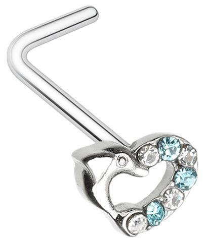 Body Accentz L-Shape Nose Ring, Dolphin Heart Design, 20GA Surgical Steel, Clear/Aqua Gems, 9/32 inch