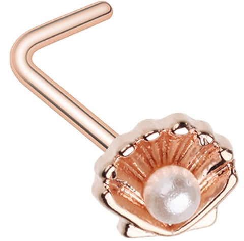 Body Accentz L-Shaped Nose Ring, Rose Gold Shell with Pearl, 20 GA, 9/32 inch, Gold Plated Steel