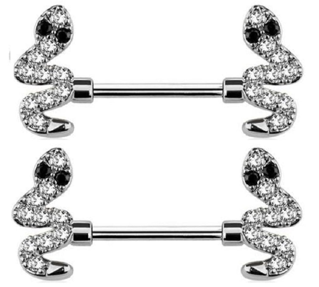 Body Accentz Pair of Pierced Paved Snake Nipple Piercing Rings Steel Barbells - 14G