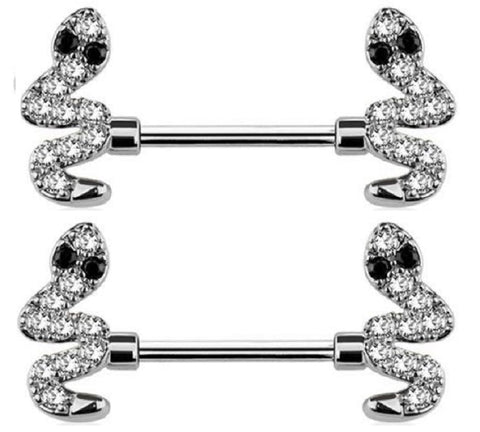 Body Accentz Pair of Pierced Paved Snake Nipple Piercing Rings Steel Barbells - 14G