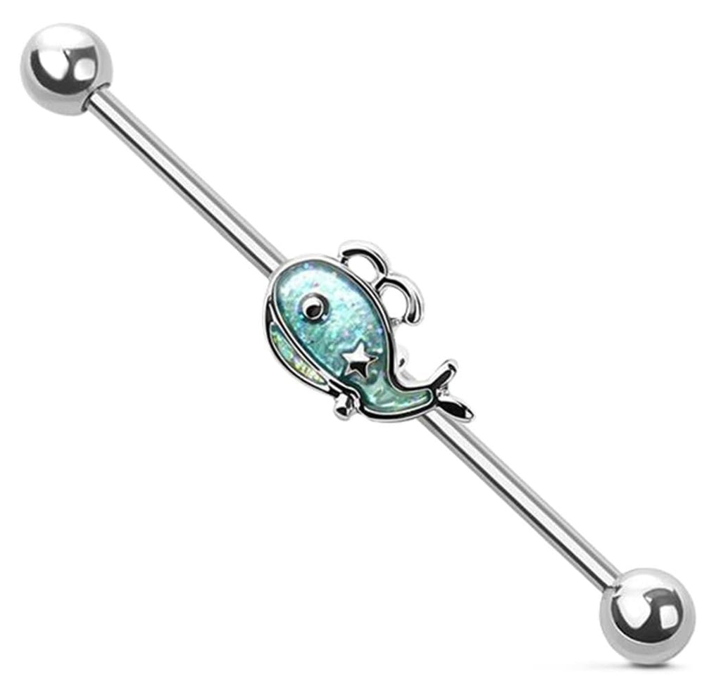 Body Accentz Industrial Barbell with Glitter Whale Design, 14G, 1-1/2 Inch, 316L Surgical Steel, Silver
