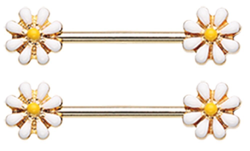 Body Accentz Nipple Ring Spring Daisy Flower Nipple Barbell Ring Blossom Pair IP Gold 2 pc