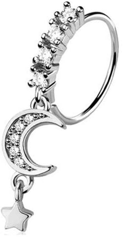 CZ Moon Star Dangle Nose Hoop Ring, 316L Surgical Steel, Silver/Clear, 20GA, 9MM