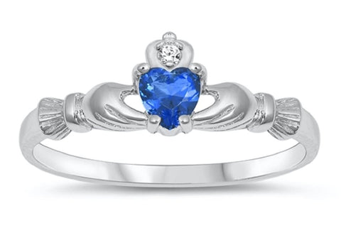 STERLING SILVER RING W/CZ Faux Sapphire Faux Claddagh pinky right hand