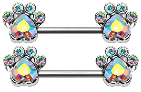 Nipple Ring Aurora Borealis CZ Dog/Cat Animal Paw Nipple Bar Pair
