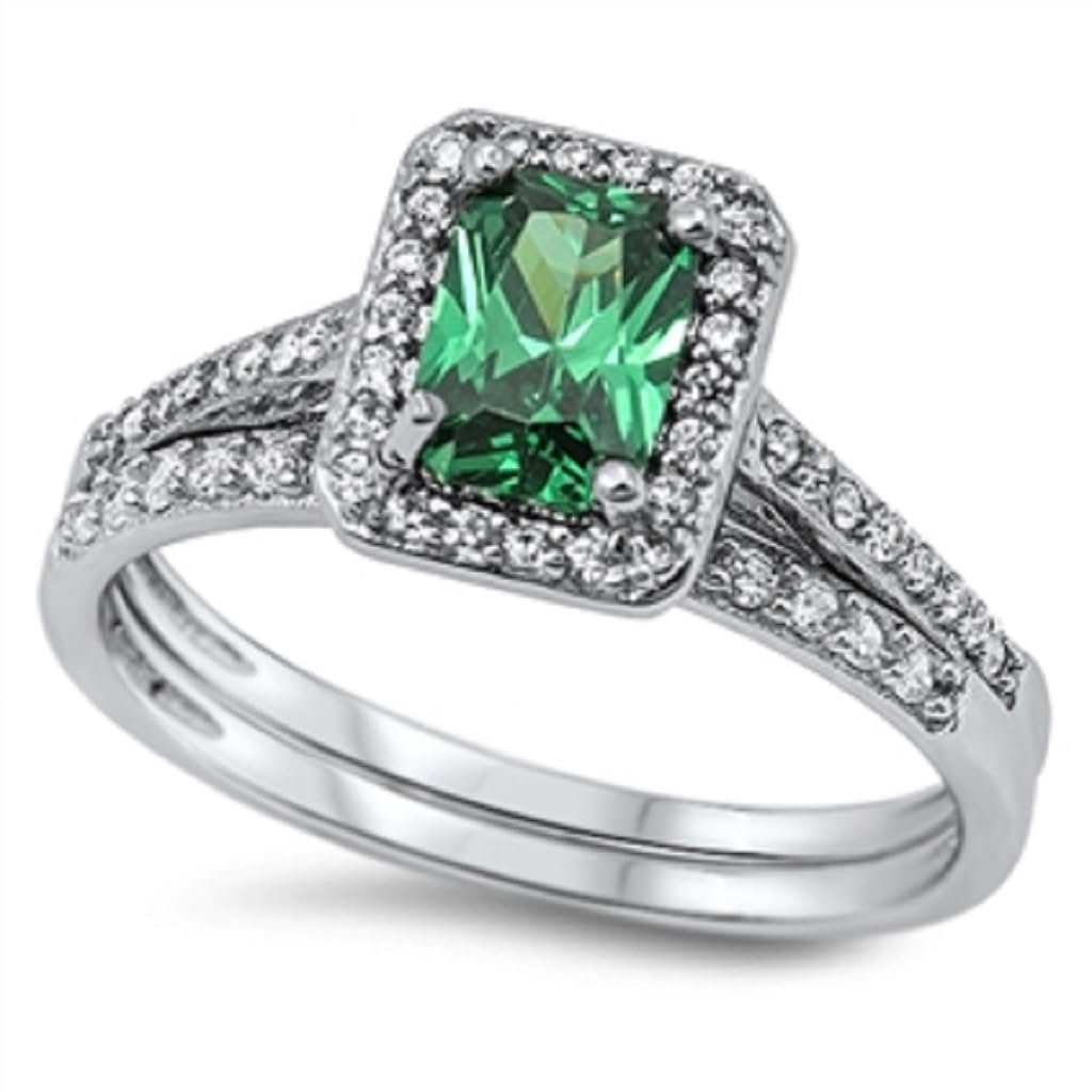 STERLING SILVER RING W/CZ Synthetic Emerald - Wedding Set Size 7