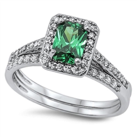 STERLING SILVER RING W/CZ Synthetic Emerald - Wedding Set Size 7