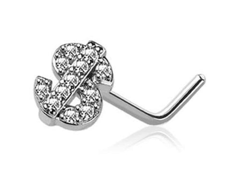 Body Accentz Nose Ring Stud CZ Dollar Sign Top 316L Surgical Steel L Shape Money