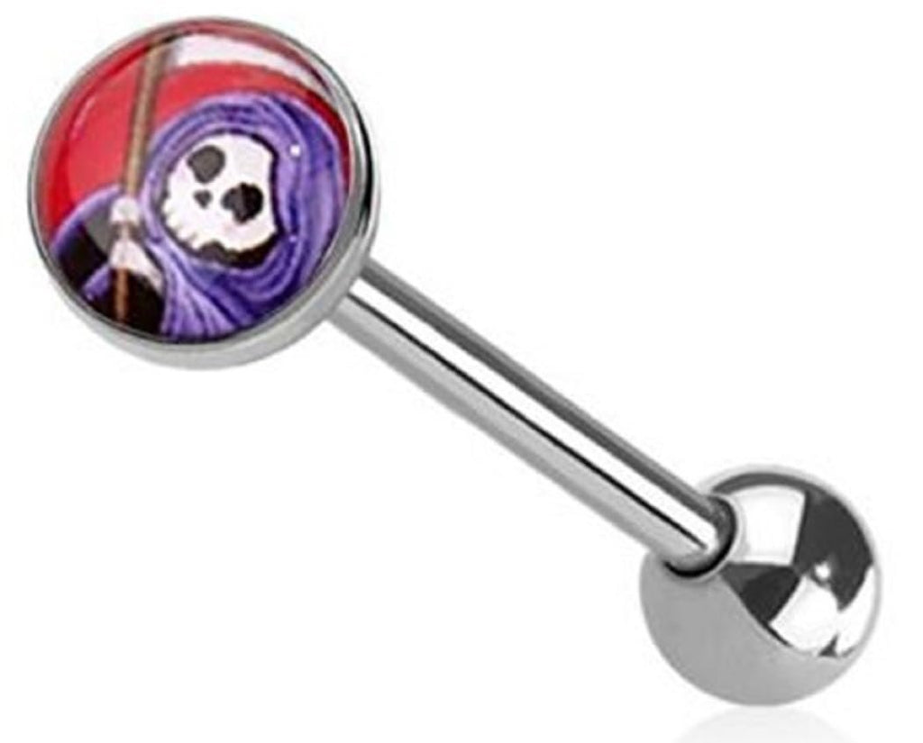 Body Accentz Gothic Skull Tongue Barbell, 14 Gauge, 5/8 Inch Length, 5mm Ball Grim Reaper