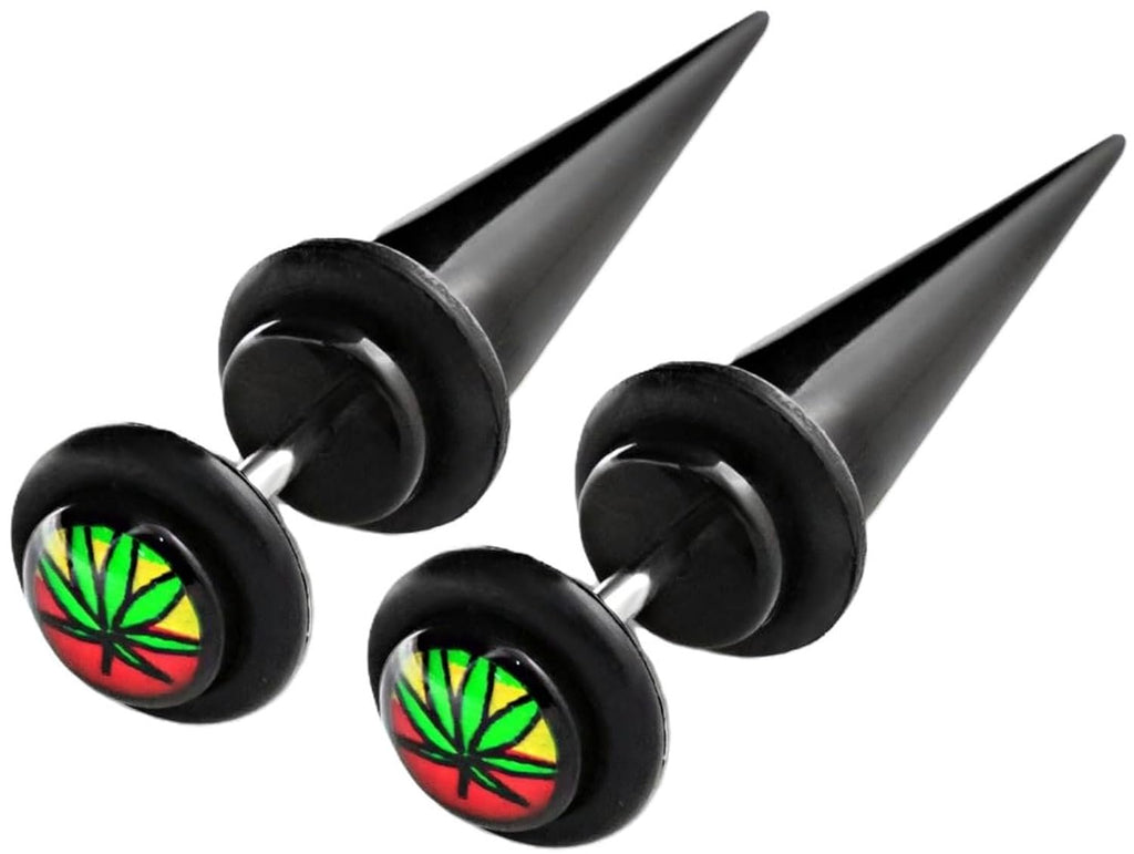 Fake Cheater Taper Earrings Black Acrylic Rasta Leaf 8mm