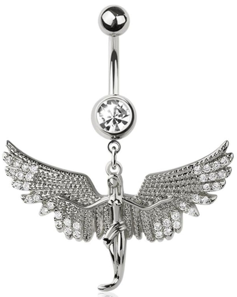 Surgical Steel Angel Wing Belly Button Ring, 14G, 3/8 Inch Length, Crystal CZ Dangle