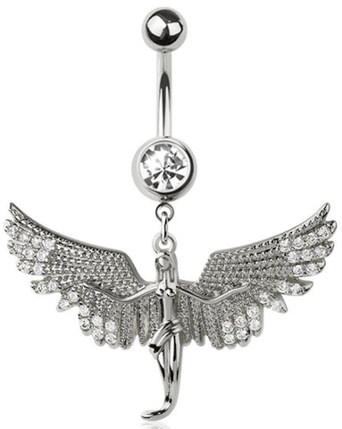 Surgical Steel Angel Wing Belly Button Ring, 14G, 3/8 Inch Length, Crystal CZ Dangle