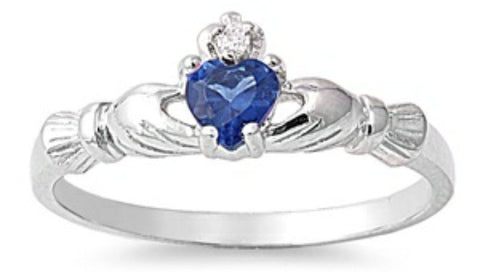 STERLING SILVER RING W/CZ Faux Sapphire Faux Claddagh pinky right hand