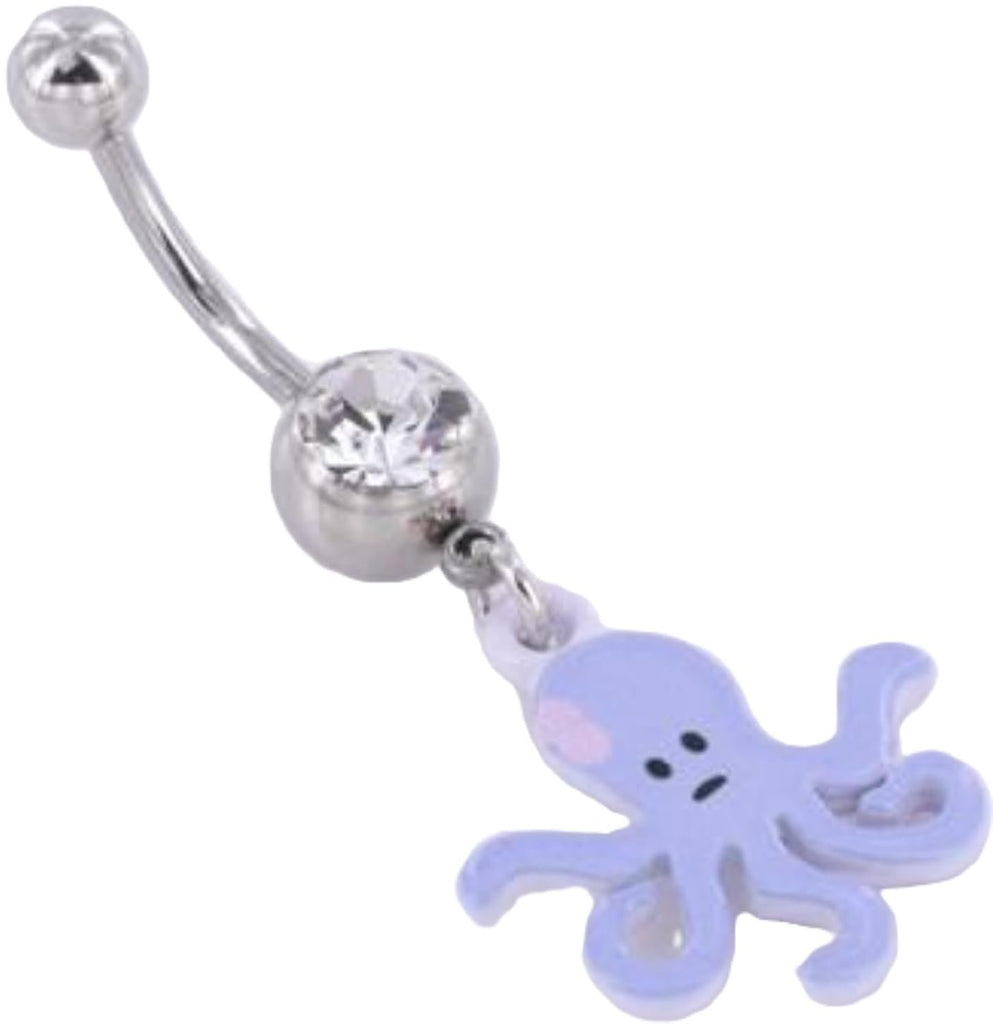 Stainless Steel Belly Button Ring, 14G Navel Piercing with Lavender Octopus Charm, Crystal Ball, 7/16 Inch
