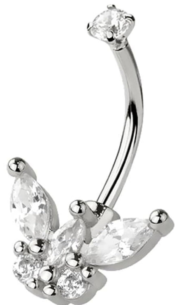 316L Surgical Steel Curved Barbell CZ Butterfly Belly Ring 16GA