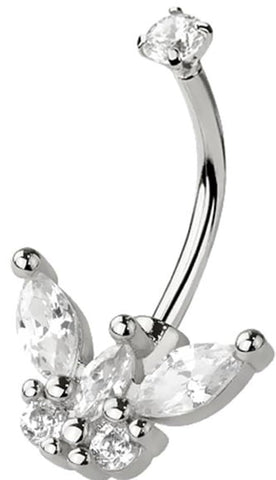 316L Surgical Steel Curved Barbell CZ Butterfly Belly Ring 16GA
