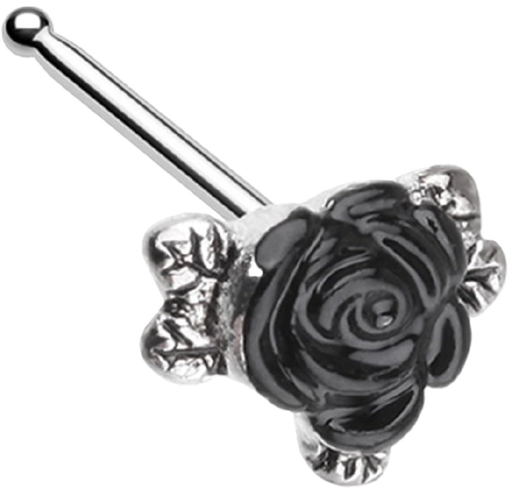 Nose Ring Gothic Black Rose Stud 316L Sterling Silver