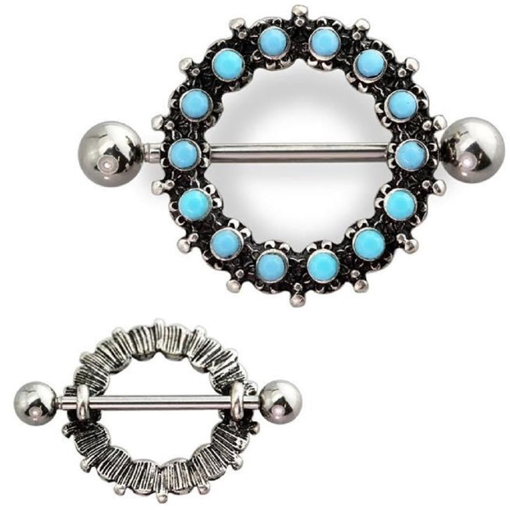 Body Accentz Nipple shield barbell Antique Turquoise Beads 316L surgical steel bar