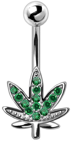 Belly Button Ring 316L Stainless Steel Glittering Pot Leaf Navel