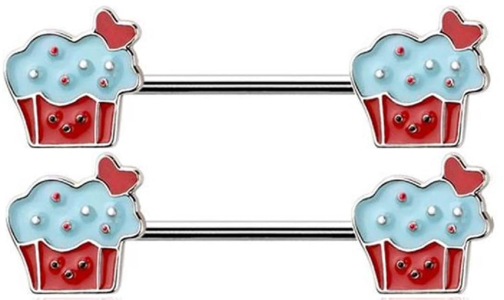 Body Accentz Surgical Steel Cupcake Nipple Bar, 14 Gauge, 9/16 Inch, Red and Blue Enamel