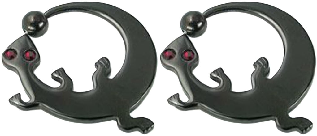 Black Gecko Captive Bead Ring, 316L Stainless Steel, 14g-12g, 28.5mm Diameter, Jeweled Eyes, Anodized