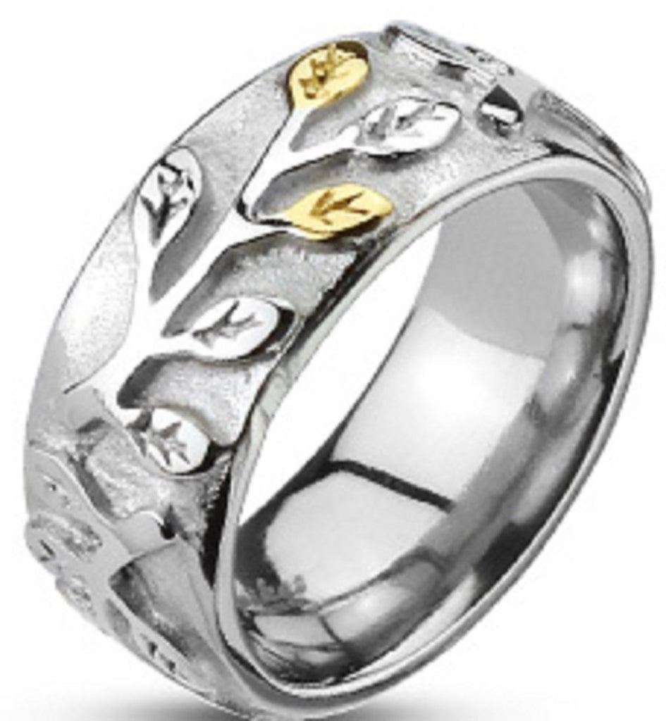 316L Stainless Steel 8mm Gold IP Accented Leaflets on Vine Cast Band Ring Size 8