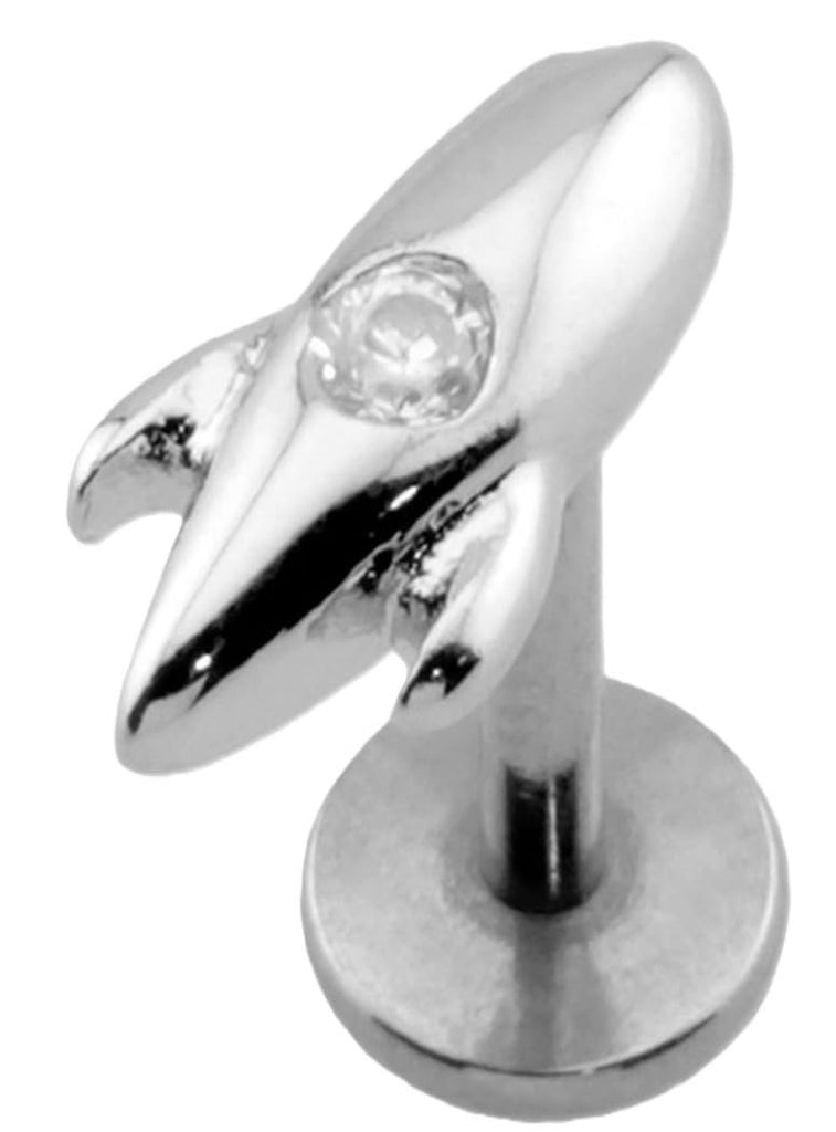 Space Rocket Launch Labret Stud, 316L Surgical Steel, Threadless Push-In, 18GA, 5/16" Length, Crystal Accent