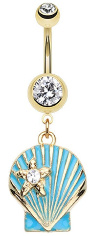 Body Accentz Shell Dangle Belly Button Ring, Gold Plated Steel, 14GA, 3/8 inch Bar, Aqua Blue