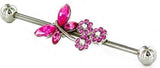 Industrial bar 14g 1.5'' Barbell with Pink Butterfly and Flowers [Jewelry]