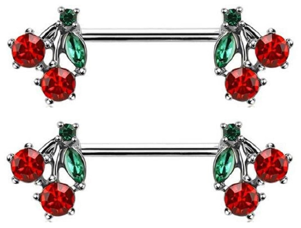 Body Accentz Pair of Pierced CZ Cherry Nipple Piercing Rings Steel Barbells - 14G silvertone