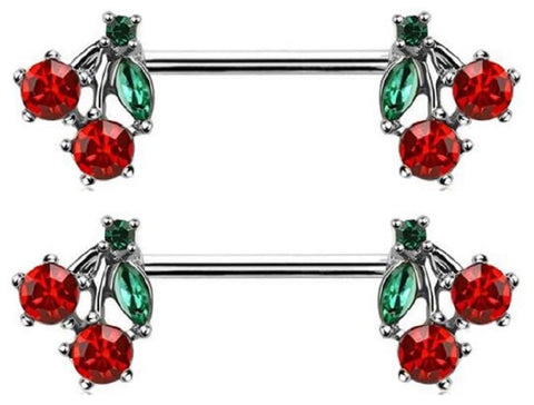 Body Accentz Pair of Pierced CZ Cherry Nipple Piercing Rings Steel Barbells - 14G silvertone