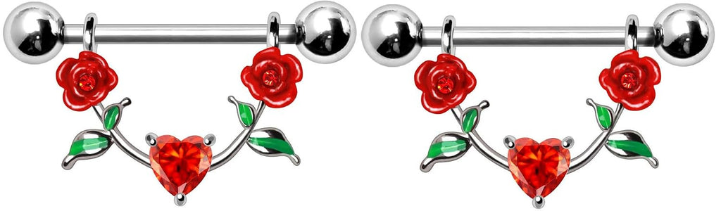 316L Stainless Steel Red Rose Nipple Shield Ring 14GA