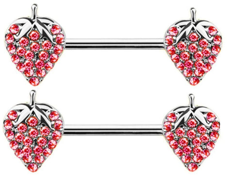 Body Accentz Surgical Steel Nipple Barbell with Crystal Strawberry Charm, 14G, 9/16 inch Length, Red