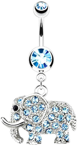 Belly Button Ring 316L Surgical Steel Multi Paved CZs Elephant Dangle Navel