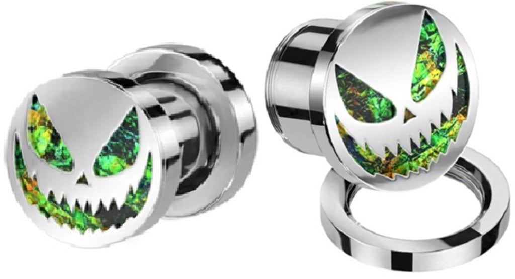 Body Accentz Ear Plug Green Opal Glitter Alien Smile 316L Surgical Steel Screw Fit Tunnel 1''