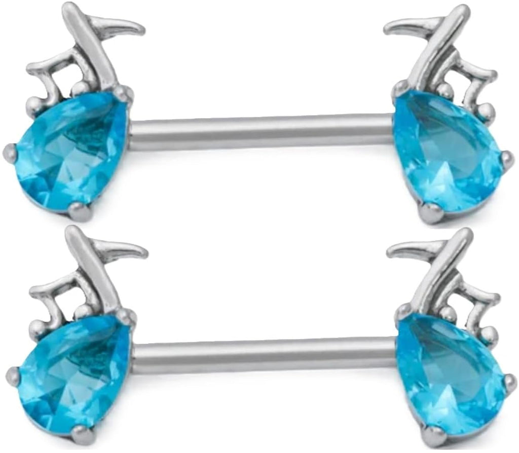 Aqua Musical Note Nipple Ring, 14G Stainless Steel Barbell, 9/16 Inch, Teardrop Blue Jewel Charms, Pair