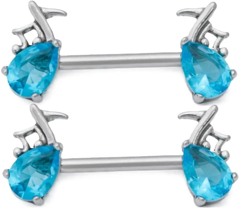 Aqua Musical Note Nipple Ring, 14G Stainless Steel Barbell, 9/16 Inch, Teardrop Blue Jewel Charms, Pair