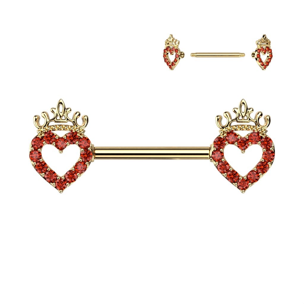 Body Accentz Nipple Bar CZ Paved Hollow Heart and Crown 316L Surgical Steel Nipple Barbell Ring