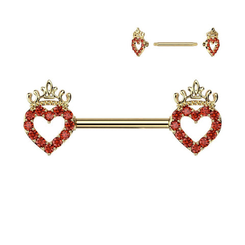 Body Accentz Nipple Bar CZ Paved Hollow Heart and Crown 316L Surgical Steel Nipple Barbell Ring