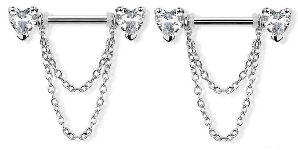 Nipple rings 316L Stainless Steel Double Heart Prong setting Shield Bar Chain