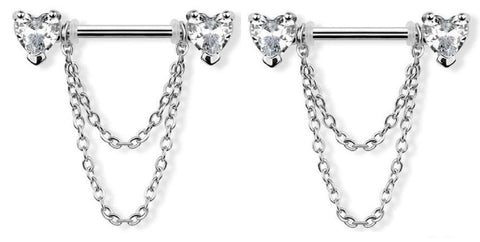 Nipple rings 316L Stainless Steel Double Heart Prong setting Shield Bar Chain