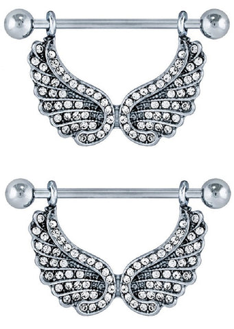 Nipple Shield Rings Barbell Barbells Angel Wings Sold as a Pair 14 Gauge