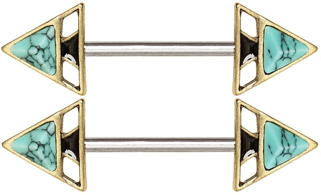 Gold Plated Turquoise Triangle Pyramid Nipple Bar 14GA